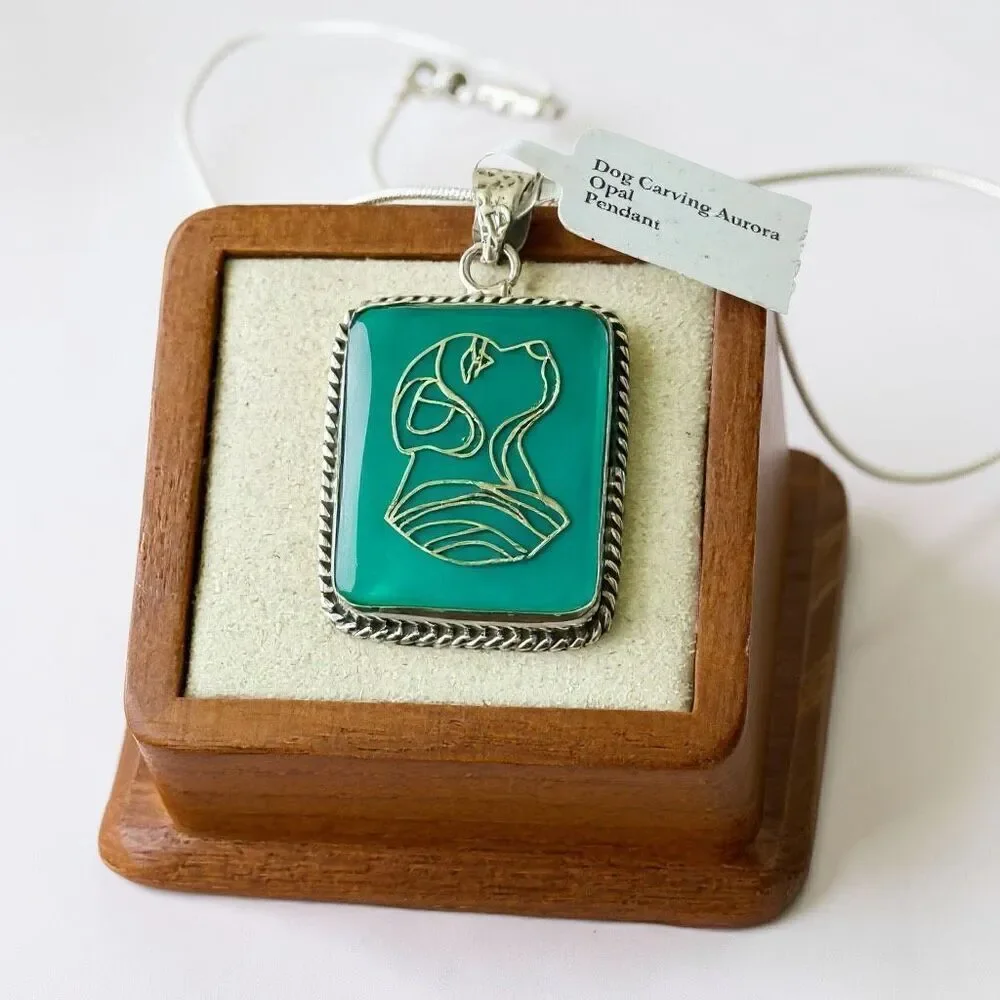 Aurora Opal Dog Carving Pendant Necklace – Sterling Silver Elegance